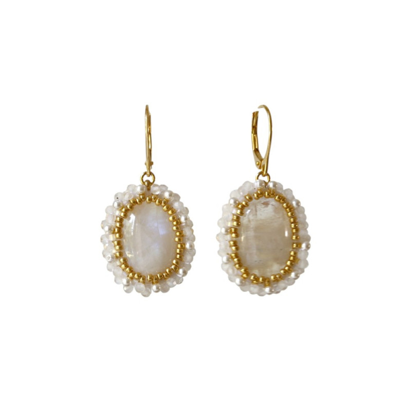 Boucles d'Oreilles en Pierre de lune - Bijoux fait main - Pendantes or