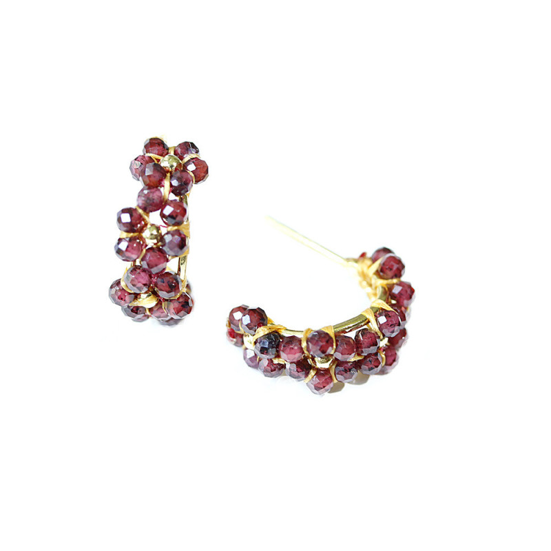 Mini créoles fleurs en Grenat 1 cm – Argent 925 plaqué or
