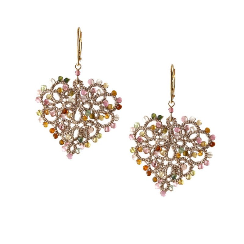 Boucles d’oreilles Love cœur en frivolité & tourmaline