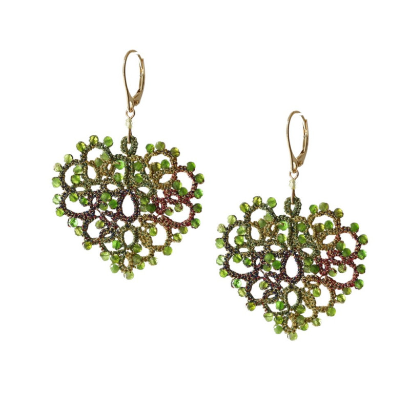 Boucles d’oreilles Love cœur en diopside vert & frivolité