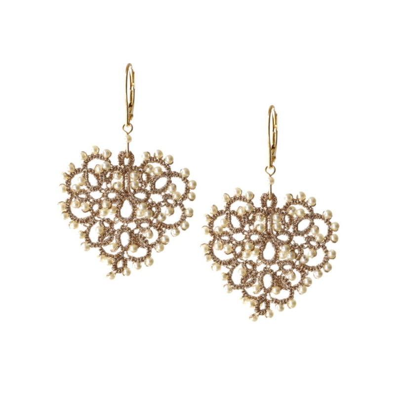 Boucles d’oreilles Love cœur en frivolité et perles